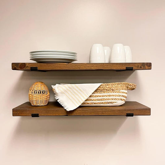 Rustic Shelves with J-Brackets Set of 2, Industrial Shelf, Kitchen Shelves, Solid Wood, Decorative Wall Storage, Heavy Duty, URBANDI (Provincial, 36Wx10D)