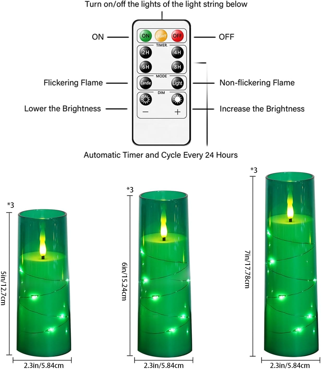 Flickering Flameless LED Candles,Battery Operated Candles 9 Pcs with Embedded Star String,Acrylic LED Pillar Candles with Remote,Suitable for Home Decoration to Create an Atmosphere (Green)