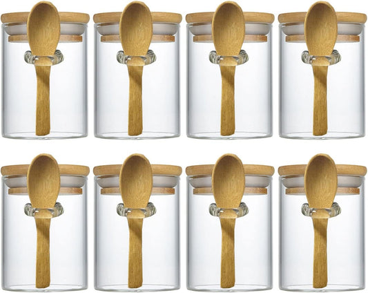 7.6 oz Airtight Mini Glass Jars with Bamboo Lids and Bamboo Spoons, Spice Jars Small Food Storage Containers for Kitchen, Bathroom, Home Decor Set of 8