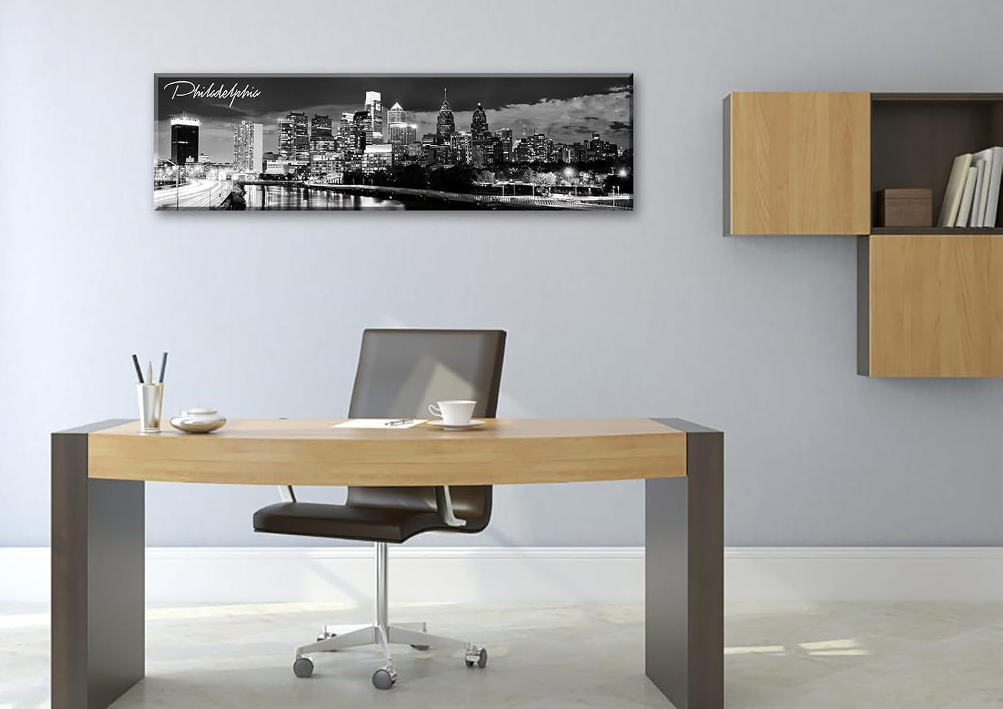 DJSYLIFE Philadelphia Skyline Canvas Art - 13.8"x47.3" Black & White Cityscape Wall Decor, Modern Panoramic Night View Print for Living Room, Office, Bedroom - Ready to Hang