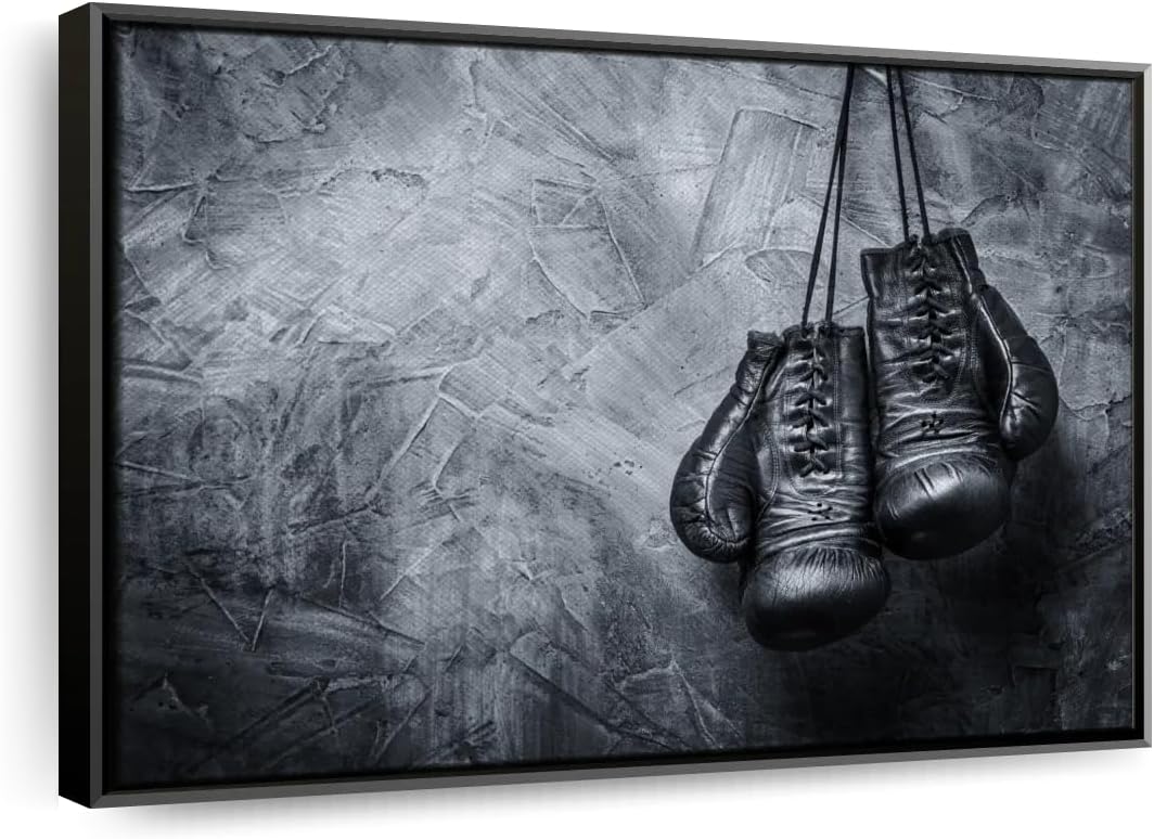 ElephantStock Boxing Gloves Wall Art - Horizontal Framed Canvas - 1-Piece Living Room Wall Decor - Photography Sports Canvas Print - Black and Gray Decor for Wall - 19" X 13"