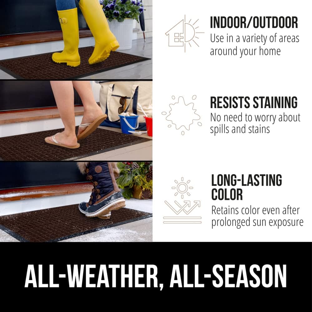 GORILLA GRIP 100% Waterproof All-Season WeatherMax Doormat, 72x24, US Designed Natural Rubber, Stain and Fade Resistant, Low Profile Indoor Outdoor Door Mats, Easy Clean Patio Mat, Coffee Squares