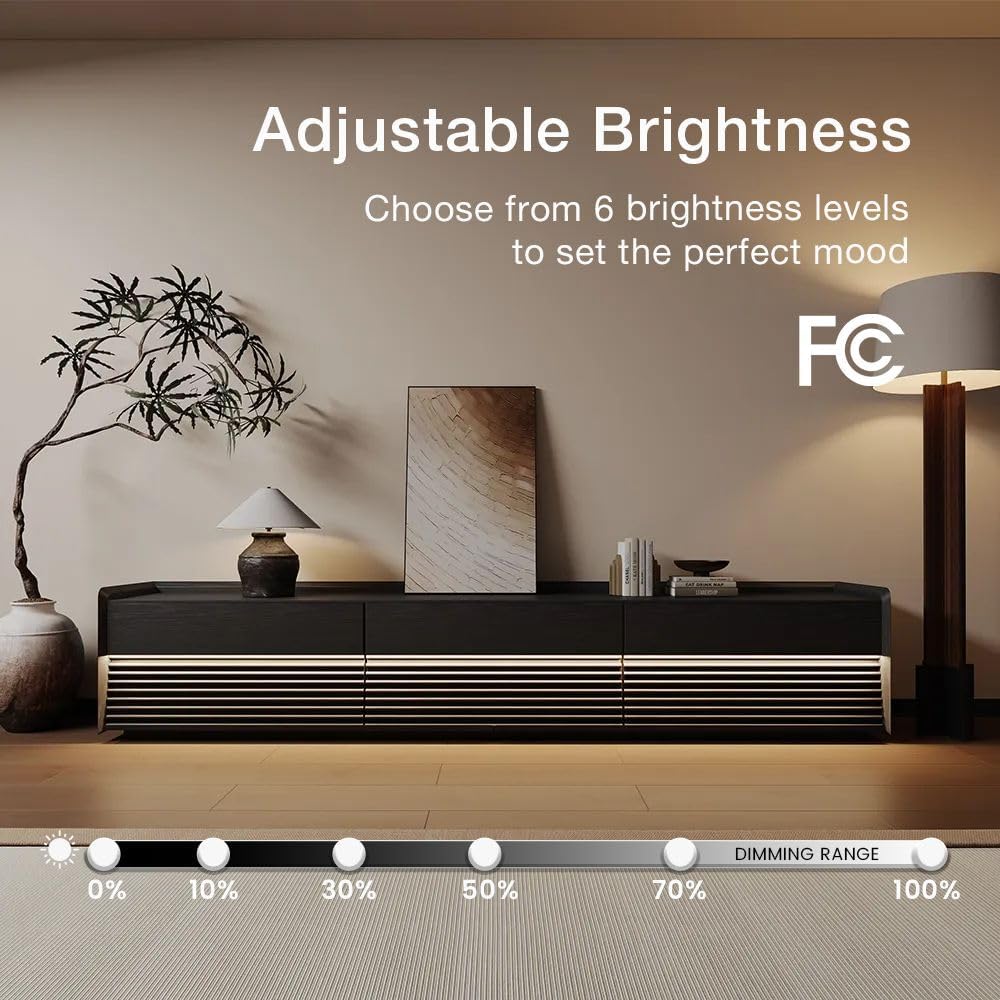 POVISON Fully-Assembled Mid Century Glossy Sintered Stone TV Stand with Legs, Wood Media Console with Adjustable LED Light, Entertainment Center with Storage for Living Room