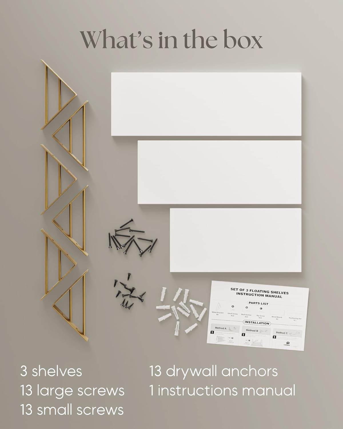 BAYKA Wall Shelves for Bedroom Decor, Floating Wall Shelves for Living Room Kitchen Storage, Wall Mounted Rustic Wood Shelves for Kids Books,Corner Shelves for Bathroom(White and Gold，Set of 3)