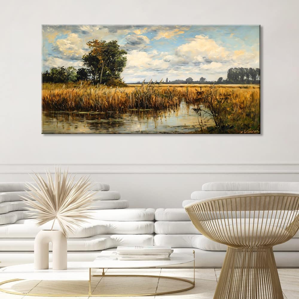 LASMOND Beautiful Wilderness Meadow Canvas Wall Art Oil Painting Reproduction Print Vintage Wildflower Field Scenery Countryside Landscape Tree Rustic Retro Decor Artwork Country Farmhouse Living Room 58x28 Inches