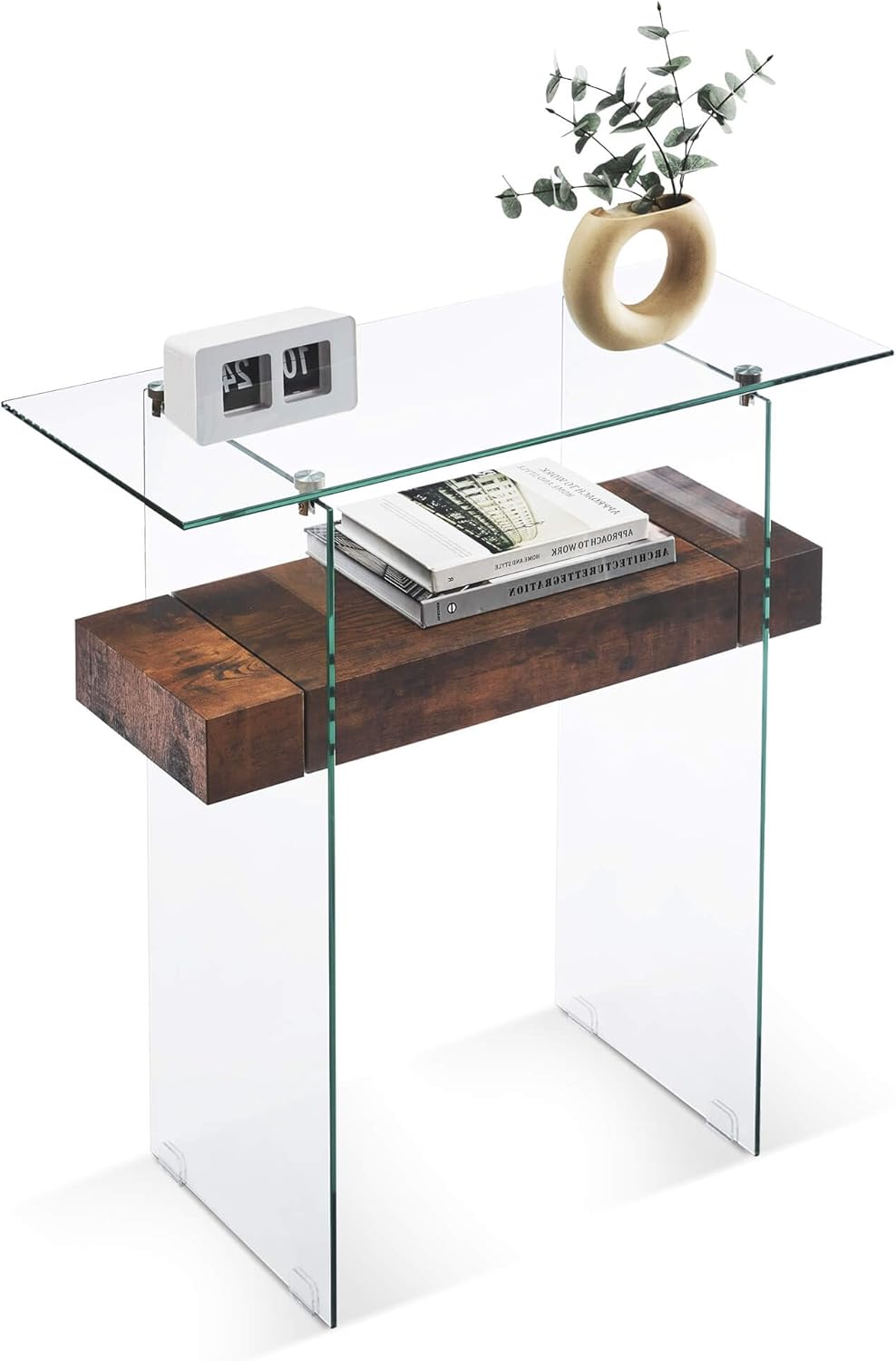 ivinta Narrow Glass Console Table with Storage, 31.5'' Rustic Entryway Table with Storage Shelves for Living Room, Hallway, Foyer, Bedroom 5103 (Dark Brown)