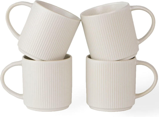 famiware Coffee Mug Set for 4, Star 12 oz Catering Mugs Cup Set with Handle for Coffee, Tea, Cocoa, Milk - Ceramic Stoneware Drinkware Set, Matte White