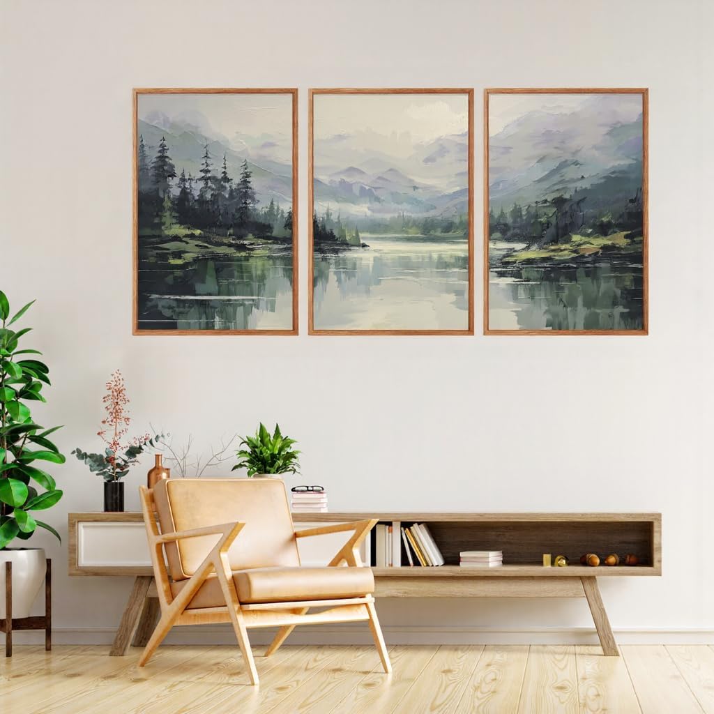 Aurlan Emerald Green Mountain Lake Landscape Framed Wall Art(16"x24"), 3PCS Abstract Forest Nature Canvas Artwork, Large Minimalist Watercolor Modern Pine Trees Scenery Decor for Office Home