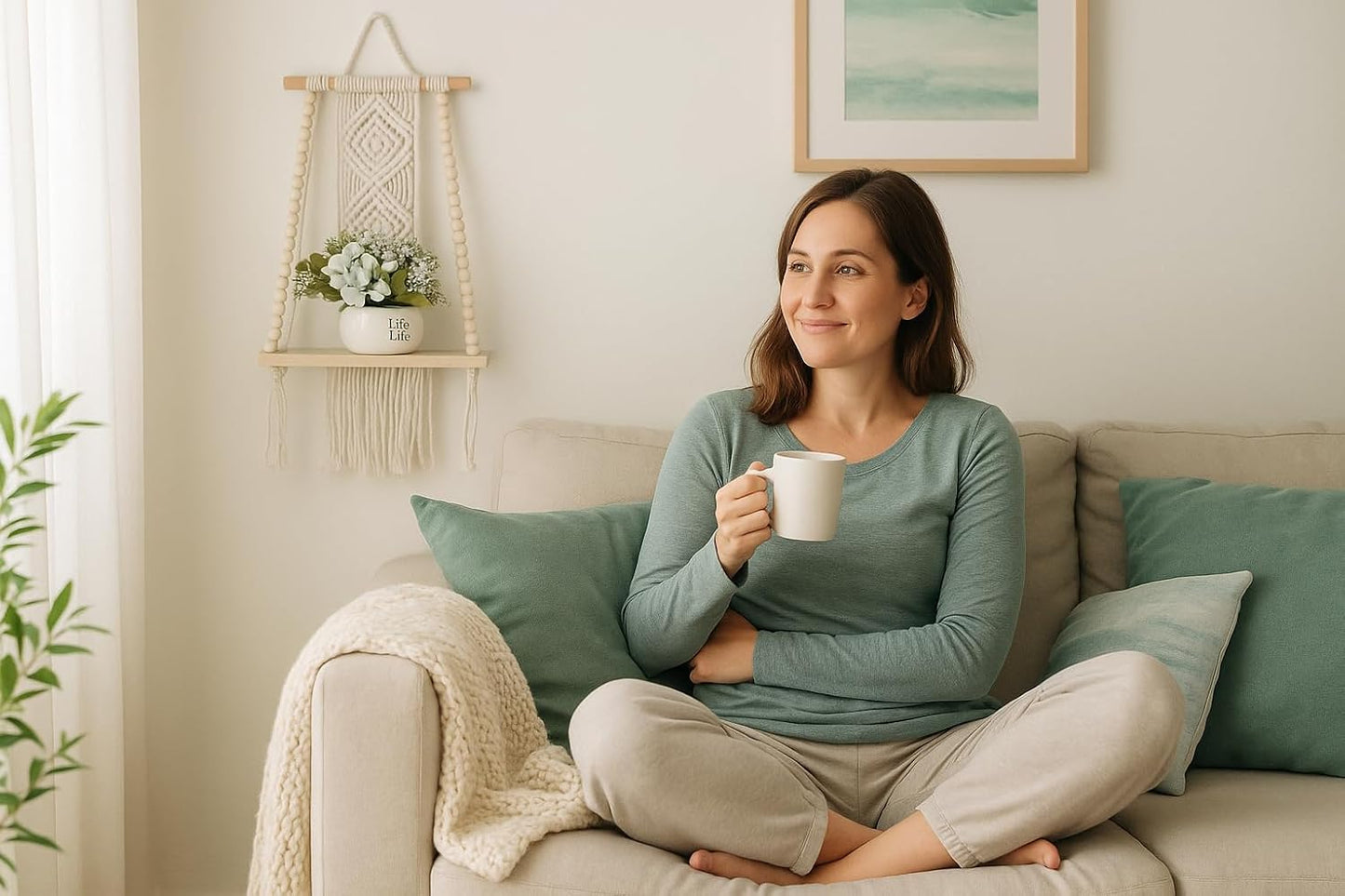 Wooden Macrame Wall Hanging w/Shelf & Sturdy Beaded Rope - Handmade Modern Living Room Decor - Macrame Wall Decor to Securely Hold Plants & More - Beautiful Boho Decorations for Interior Design