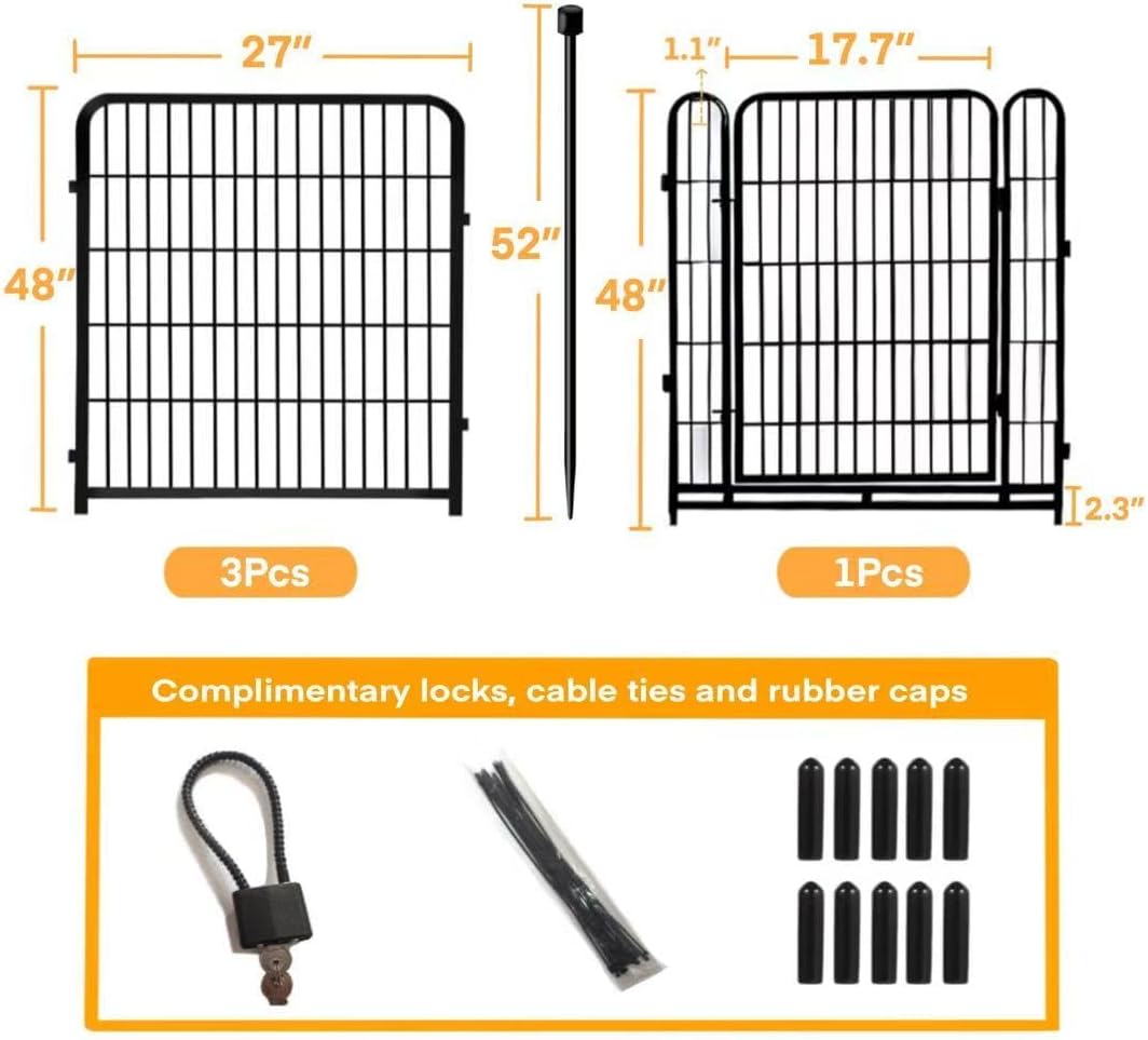 Garden Fence with Gate 48 in(H)×27 in(L) 4 Panels, Heavy Duty Iron Animal Barrier Fence, Rabbit Fence for Garden, Suitable for Indoor Pet Or Outdoor Dog Fencing, Total 8.9 Ft(L), Black