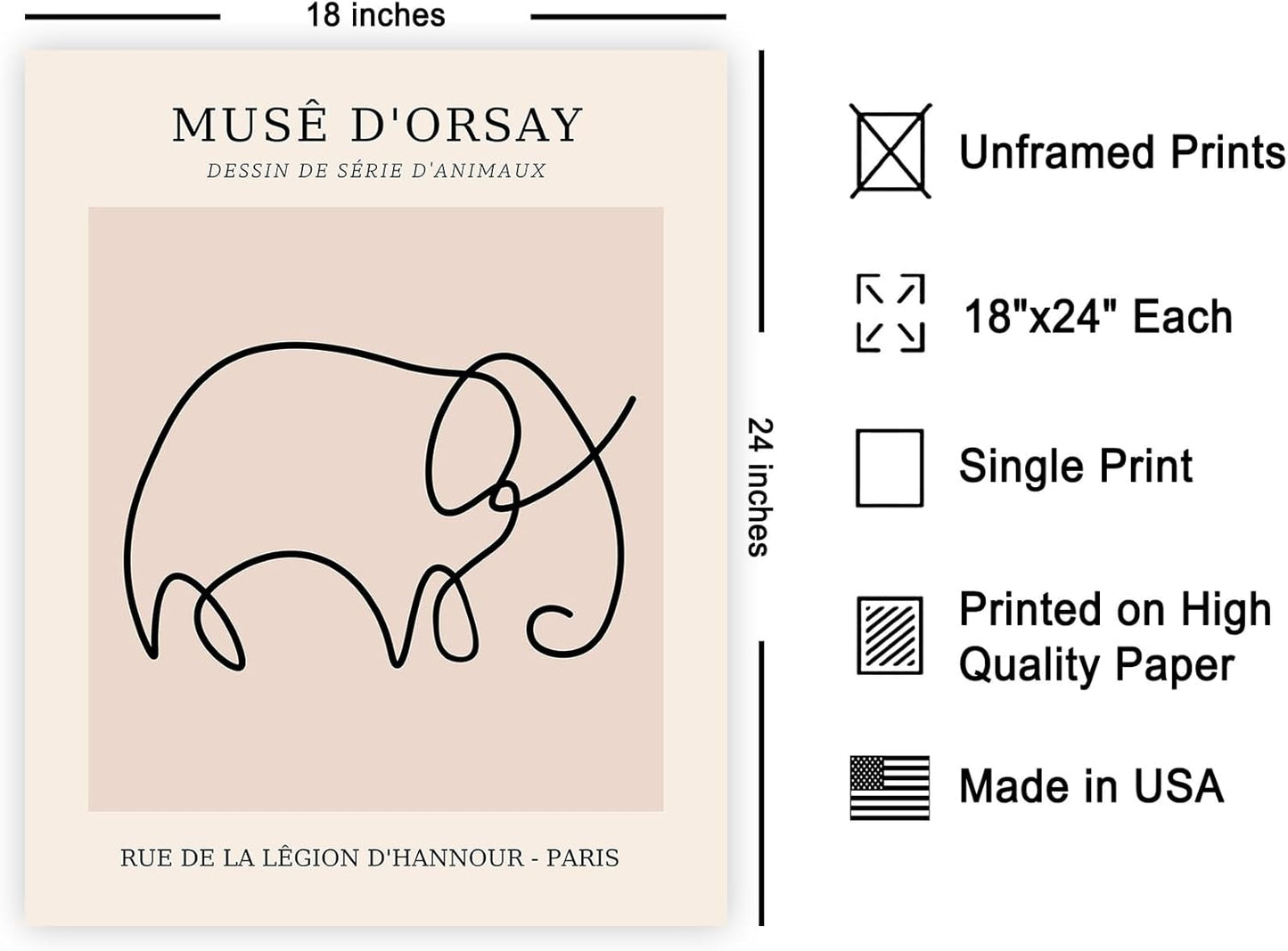 Poster Master Vintage Poster - Retro One Line Elephant Drawing Print - Elephant Art - Minimal Gift for Men, Women, Animal Lover - Abstract Wall Decor for Home, Office, 18x24 Unframed Wall Art