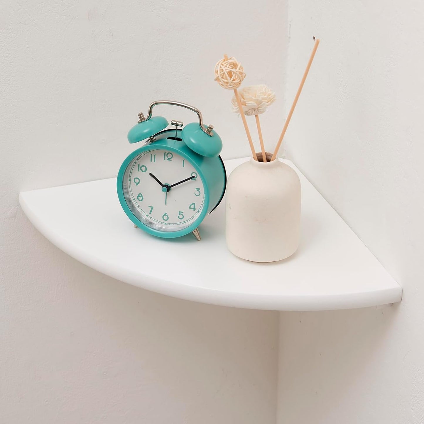 Corner Shelf, White Solid Oak Wood Floating Corner Shelves Wall Mount Round End Floating Speaker Rack for Small Plant Photo Frame (White, 8.6in)