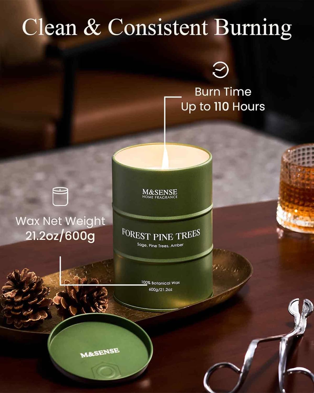 M&SENSE Frosted Pine Scented Candles Large, Natural Soy Candles 21.2oz 120 Hour Slow Burning,Aromatherapy Candle for Stress Relief Meditation Relaxing