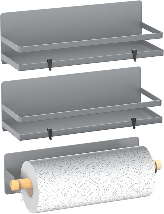 Magnetic Spice Rack Moveable Magnetic Shelf Organizer with Paper Towel Holder Kitchen Refrigerator Seasoning Storage Rack Fridge Magnet Organizer,Grey,3 Packs