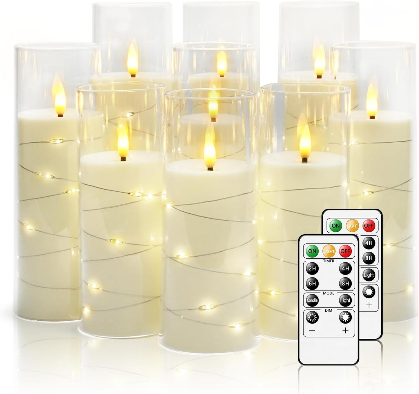 Flickering Flameless LED Candles, 9 Pcs with Embedded Star String, Acrylic LED Pillar Candles with Remote, Suitable for Home Decoration (White)