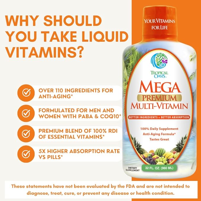 Mega Premium Liquid Multivitamin 1333% Vitamin 200% D3, D3, Zinc 20 Vitamins, 70 Minerals, 21 Amino 98% Absorption 32 Serv
