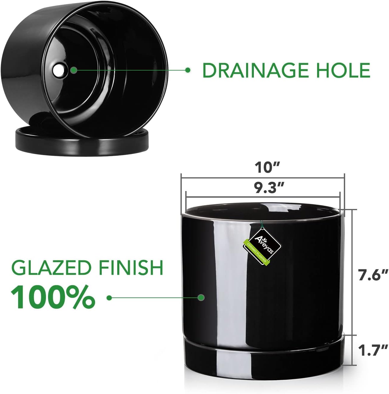 Aveyas 10 inch Ceramic Plant Pot with Drainage Hole and Saucer - Suitable for Indoor and Outdoor Use, Modern Planters for House Garden Flower Tree Snake Monstera Plants (10", Glossy Black)