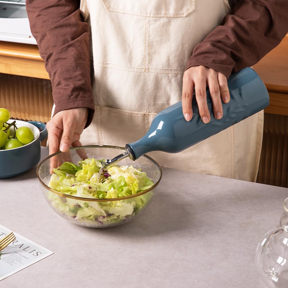 Sweejar Large Ceramic Olive Oil Dispenser Bottle, 24 Oz Relief Opaque Oil Cruet Protects Oil To Reduce Oxidation, Storage Vinegar, Soy Sauce, Coffee Syrup, Liquids, Set of 1 (Fog blue)