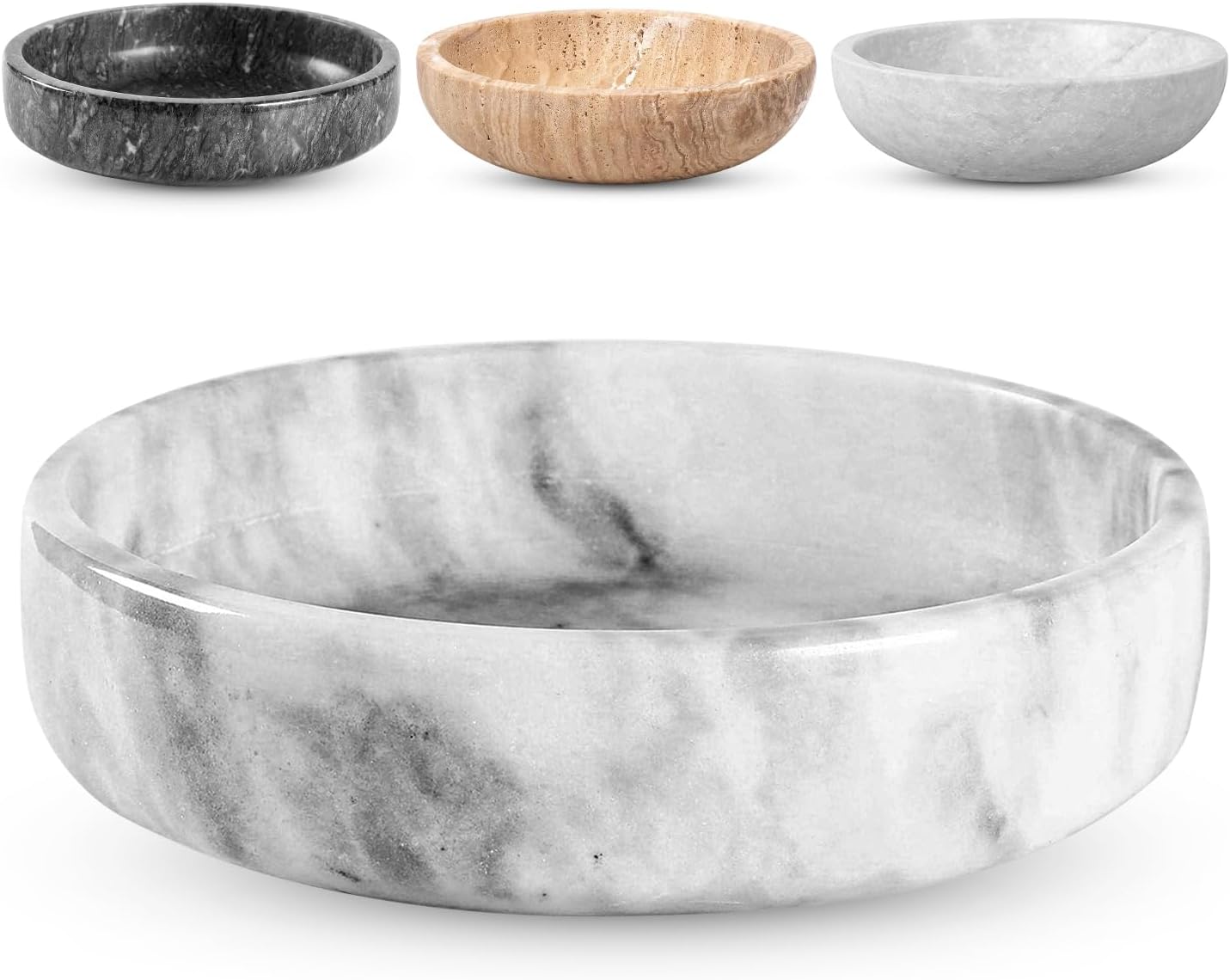 Marble Decorative Bowl - 7.5" White/Grey Solid Marble Centerpiece - Handmade Stone Fruit Bowl - Catch-All or Key Bowl for Kitchen - Modern Minimalist Decor