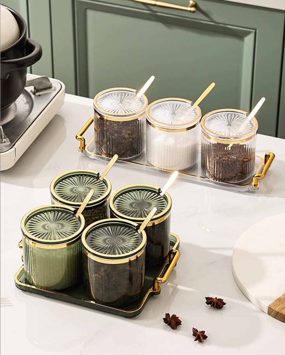 Acrylic Condiment Spice Jars,Condiment Spice Box With Lids and Spoons and Tray,Clear Plastic Condiment Canisters,Seasoning Box 4 Pack,Seasoning Box Set for Kitchen to Storage Salt,Paprika,Sugar