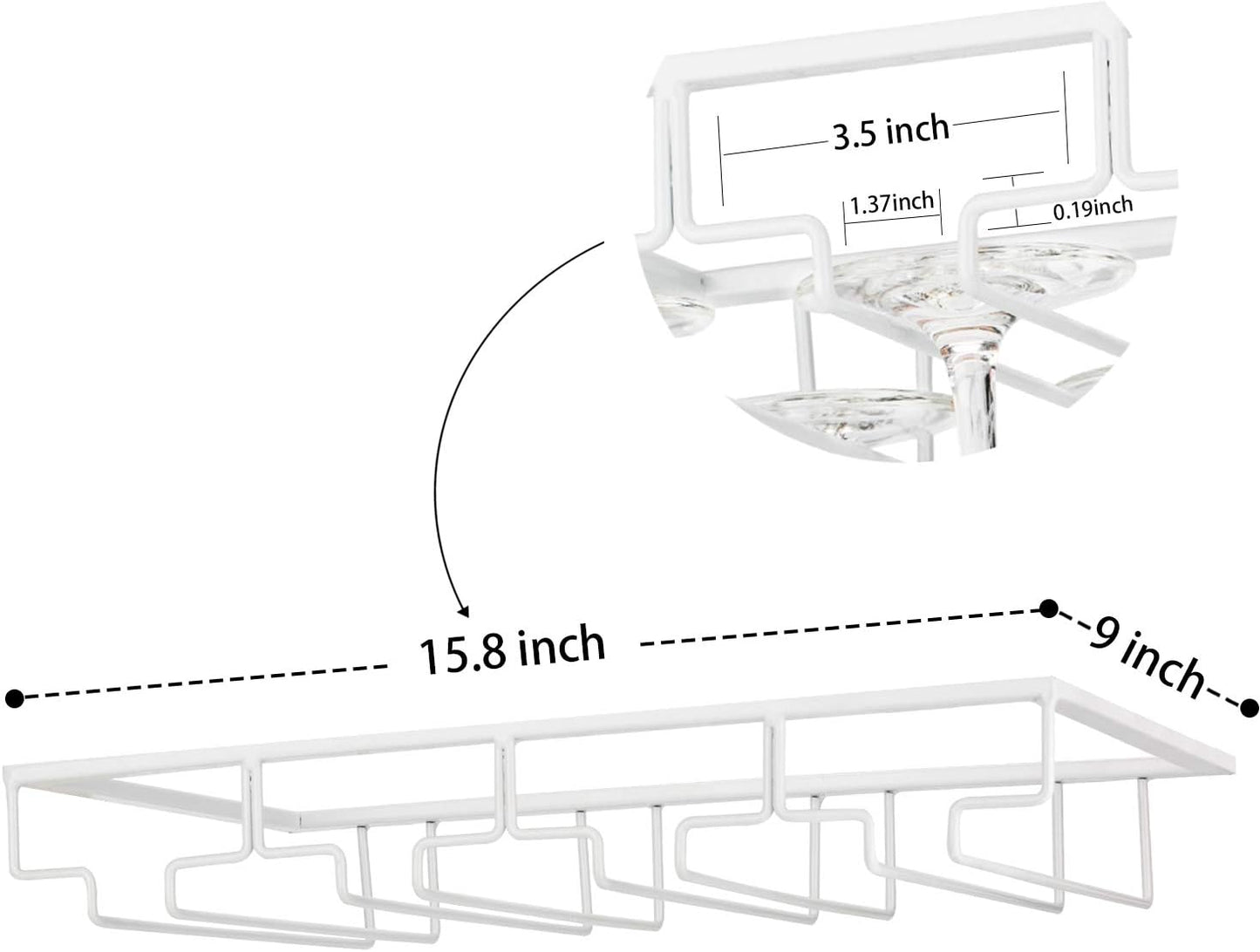 Wine Glass Rack - Under Cabinet Stemware Wine Glass Holder Glasses Storage Hanger 2 Pack Metal Organizer for Bar Kitchen 4 Rows White
