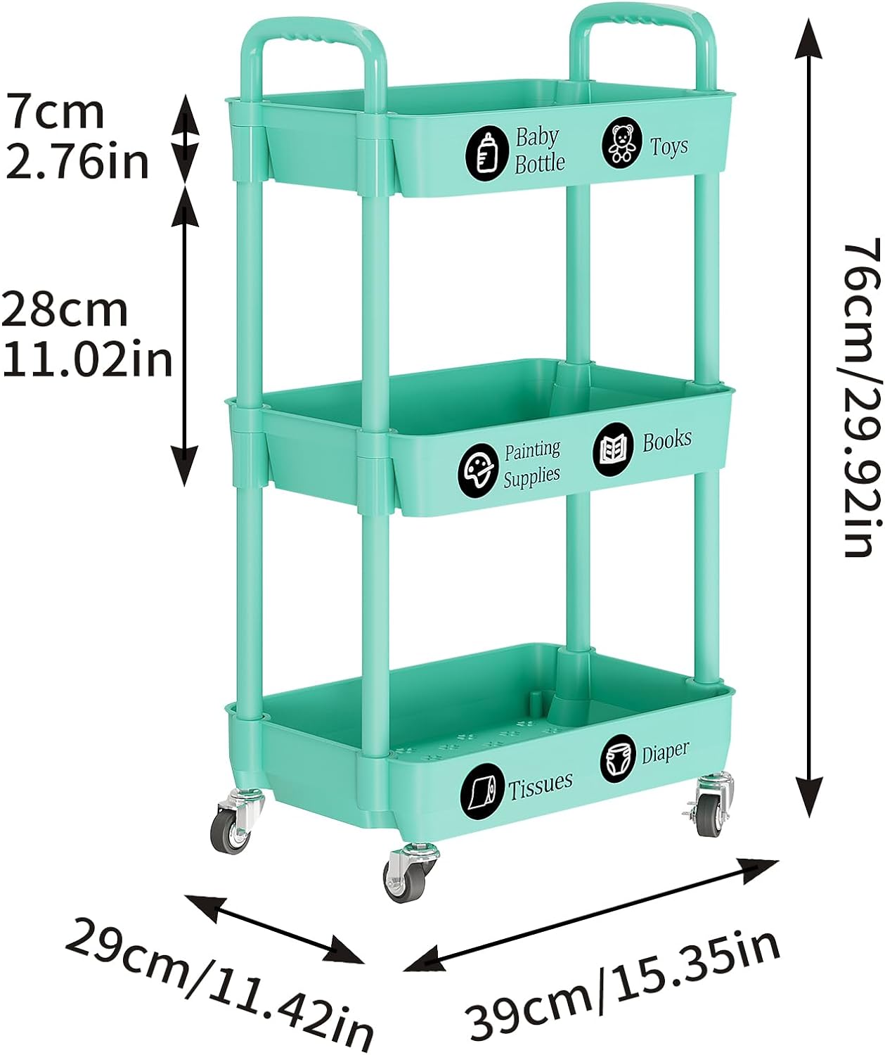 Laiensia 3-Tier Rolling Cart with Wheels,Multifunction Utility Storage carts, Kitchen Storage Organizer,Mobile Shelving Unit for Bathroom,Laundry,with Classified Stickers,Green