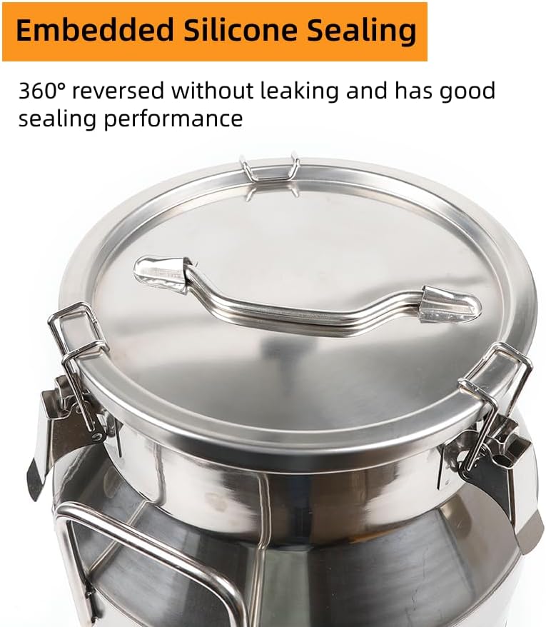 Stainless Steel Milk Can, 40L/10.6 Gallon Heavy Duty Airtight Storage Canister Milk Bucket with Lid, Embedded Silicone Milk Jug Wine Pail Water Cereals Bucket with Three Latches and Two Handles