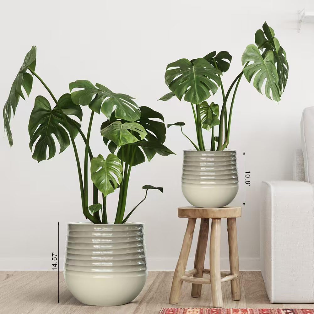 14.5" H Resin Tall Planters for Outdoor Plants,Modern Taupe Round Tapered Plastic Flower Pot for Outdoor and Indoor Plants, Large Plant Pots with Drainage Holes and Rubber Plug for Home Garden Patio