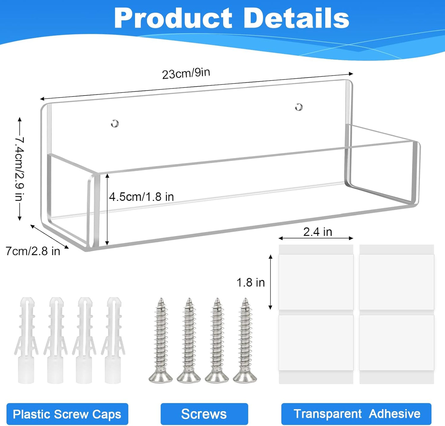 Acrylic Spice Rack Wall Mount-9 Inch, Clear Spice Shelf Storage Holder, 2 Pack Hanging Seasoning Rack Organizer for Cabinet Door, Cupboard or Wall Kitchen (Adhesive or Screw)
