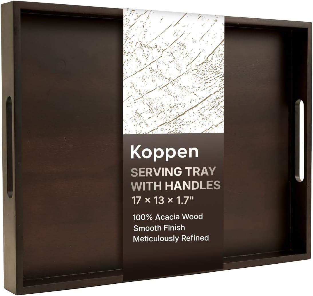 Koppen Acacia Wood Serving Tray with Handles, 17" x 13.86", Large Wooden Platter for Breakfast, Ottoman Tray for Party, Snacks, Fruit, Coffee Table, Living Room, Sofa, Bed, Outdoor