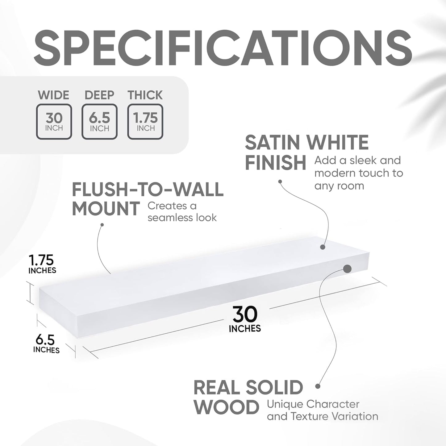 Homeforia White Floating Shelves 30 inch, High End Solid Real Wood 30inch Floating Shelf for Wall Mounted, White Wooden 30in Long Floating Shelves, Heavy Duty Bracket, 30 X 6.5 X 1.75 inches, Set of 2