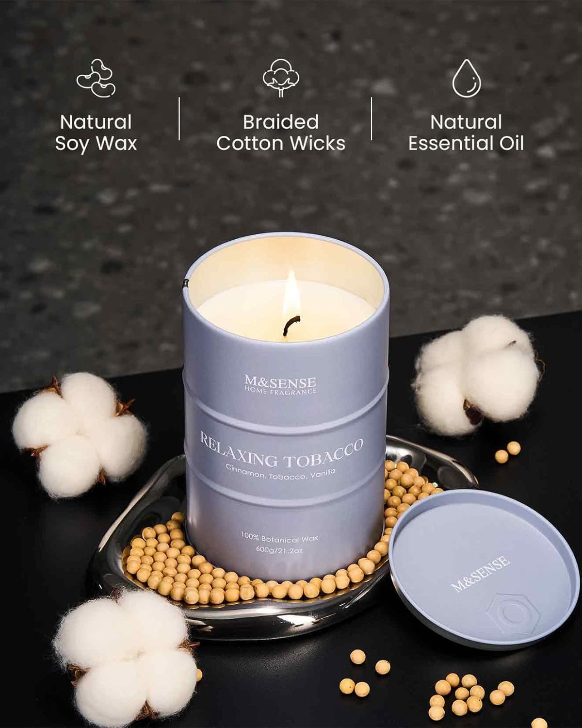 M&SENSE Tobacco Scented Candles Large, Natural Soy Candles 21.2oz 120 Hour Slow Burning,Aromatherapy Candle for Stress Relief Meditation Relaxing