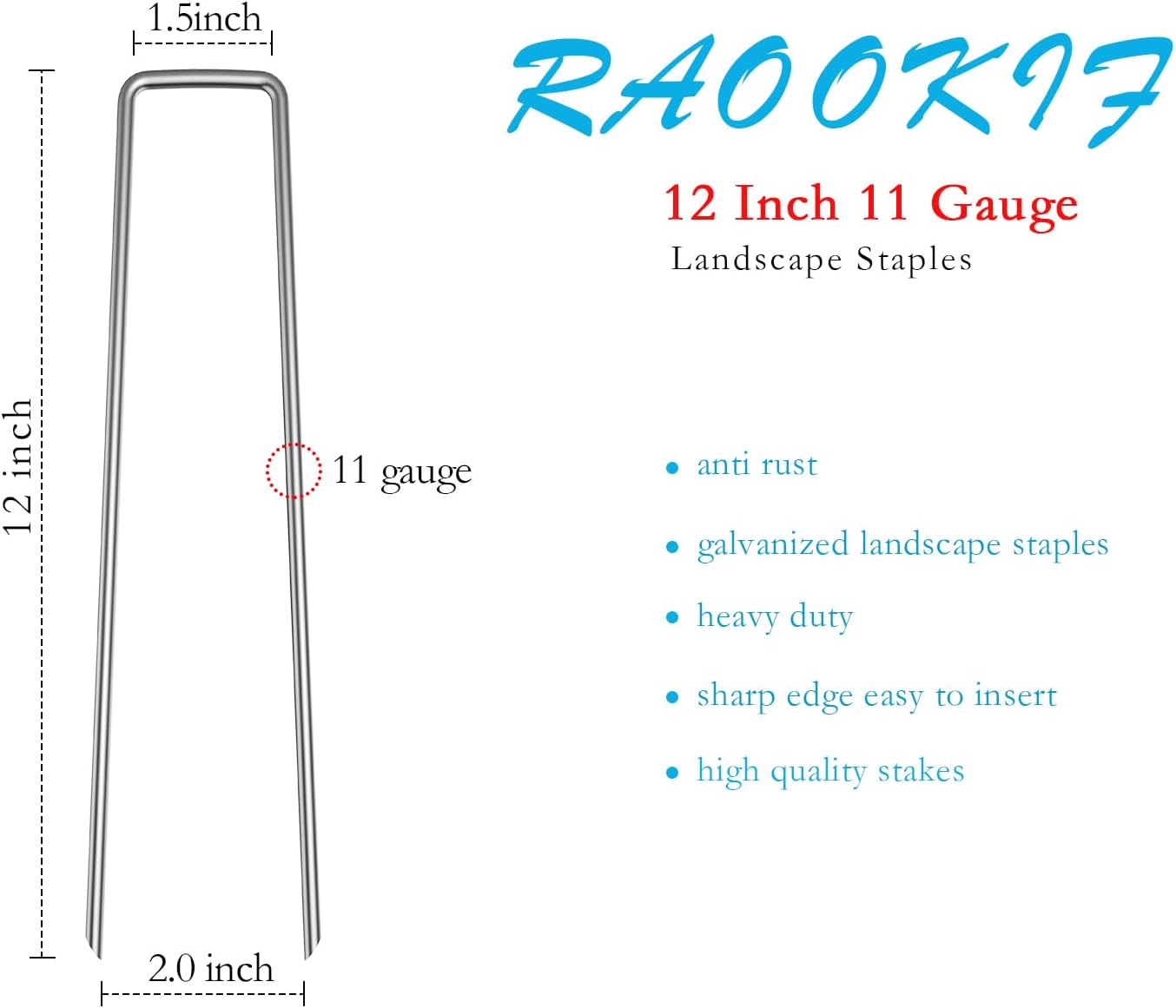 RAOOKIF 12 Inch Galvanized Garden Landscape Staples Stakes, 200Pcs Garden Metal Stakes, 11 Gauge Heavy Duty Ground Stakes for Decoration, Fence Stakes Lawn Stake, Fabric Pins