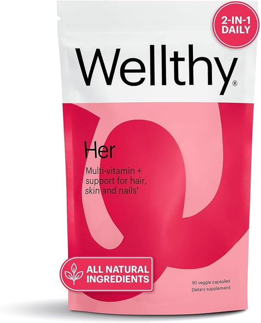 Wellthy Her Women's Daily Vegan Multivitamin for Women, Natural Ingredients for Healthy Hair, Skin, & Nails with Essential Micronutrients (30 Day)
