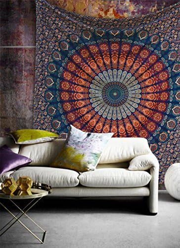 Bless International Handmade Indian hippie Bohemian Psychedelic Peacock Mandala Wall hanging College Dorm Beach Throws Table Cloth Bedding Tapestry (Golden Blue, Queen(84x90Inches)(215x230Cms))