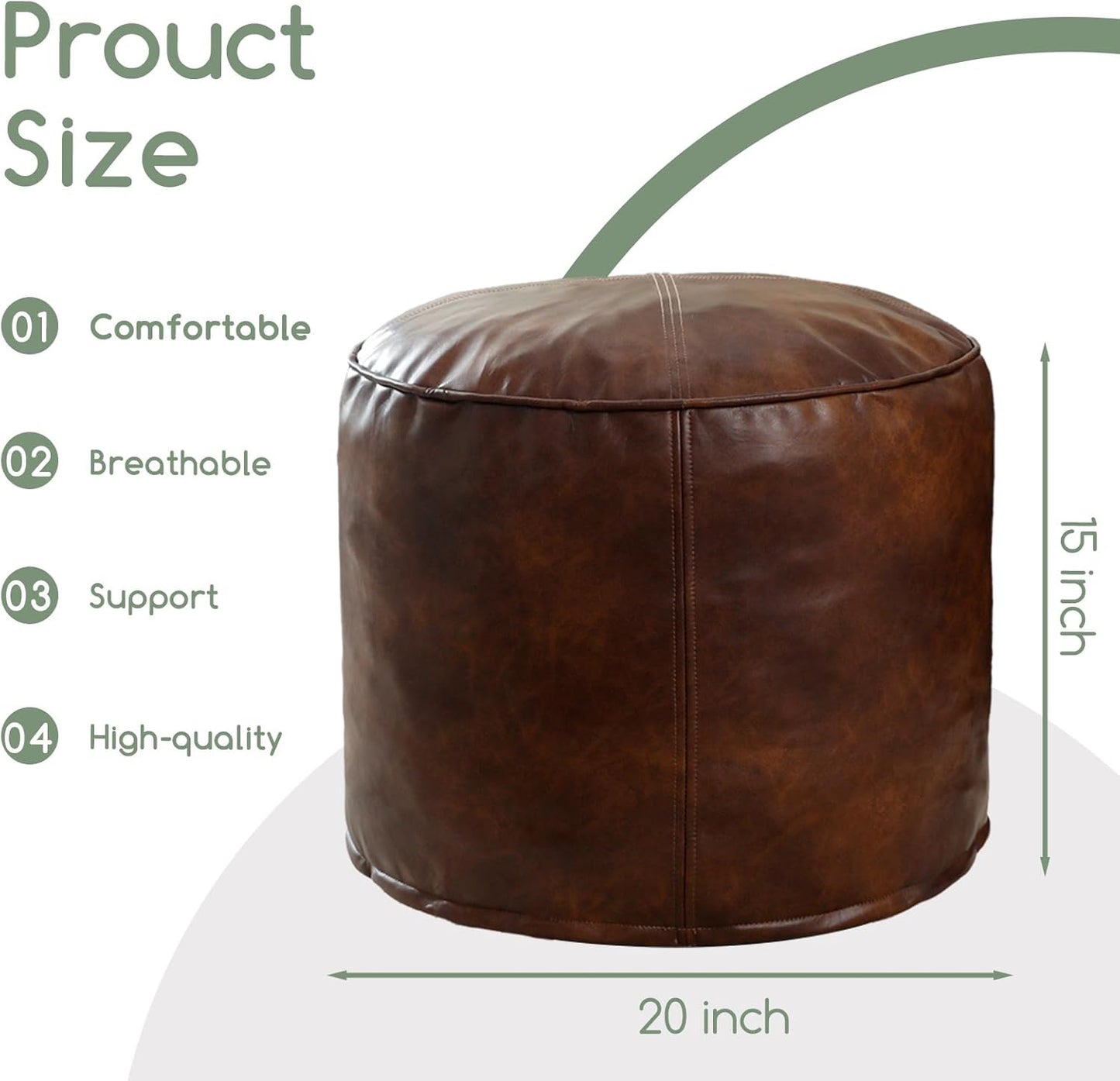 HIGOGOGO Round Stuffed Pouf Ottoman, Pu Leather Poufs with Foam Chunk Filling, Furry and Fluffy Pouf Foot Stool Storage Ottoman, 20 X 15 Floor Poufs Foot Rest for Living Room,Dark Brown