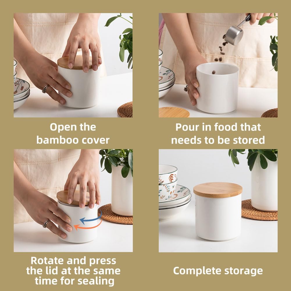 Sweejar Kitchen Ceramic Food Storage Containers, Stackable Canisters for Countertop with Airtight Boomboo Lids for Serving Ground Coffee, Tea, Sugar, Salt and More- 16 Fl Oz (White)