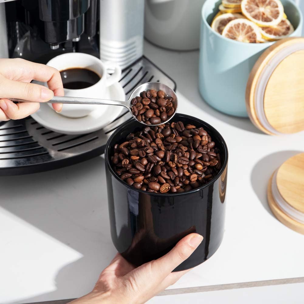 Sweejar Kitchen Canisters Ceramic Food Storage Jar, Stackable Containers with Airtight Seal Wooden Lid for Serving Coffee Bean, Flour, Tea, Spice and More - 39 Fl Oz (Black)