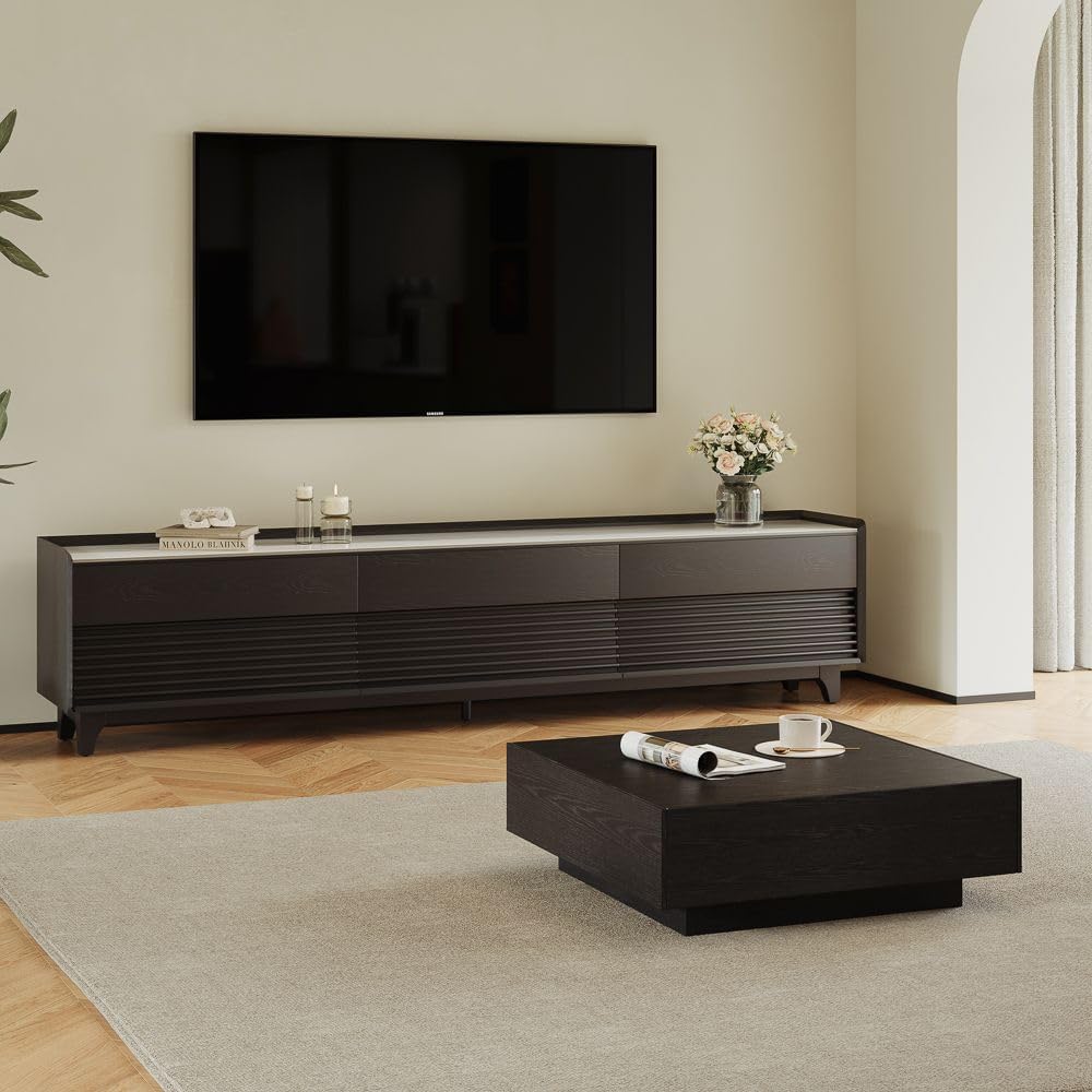 POVISON Fully-Assembled Mid Century Glossy Sintered Stone TV Stand with Legs, Wood Media Console with Adjustable LED Light, Entertainment Center with Storage for Living Room