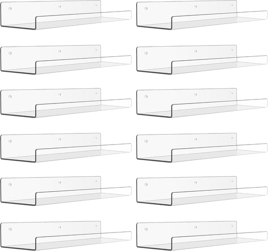upsimples 12 Pack Acrylic Shelves Wall Organizer and Storage, 15" Display Shelf for Figure, Toy Cars, Perfume, Kids Bookshelf for Bedroom, Nursery, Craft Room, Clear