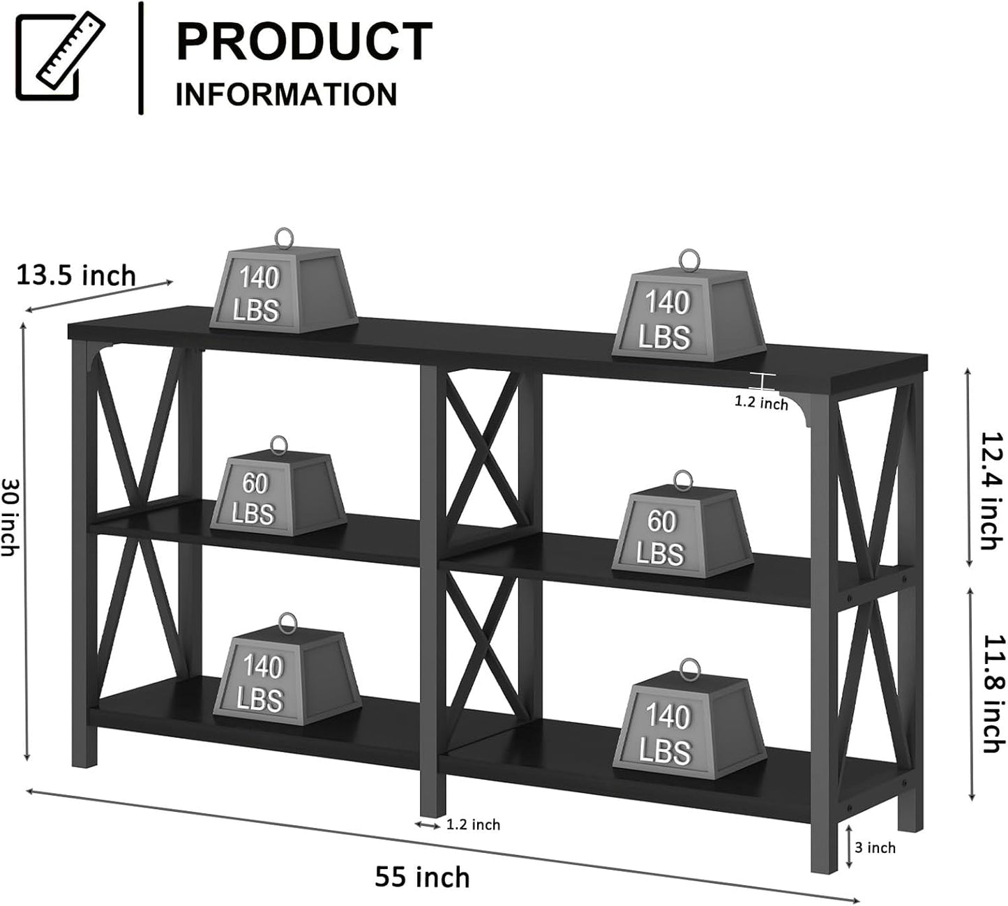 LVB Black Console Table, Modern Entryway Table with 3 Tier Storage Shelves, Industrial Sofa Table Behind Couch for Living Room, Farmhouse Wood Metal Entry Table for Hallway Foyer, Black Oak, 55 Inch