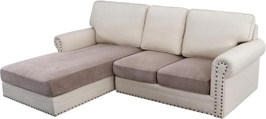 H.VERSAILTEX Velvet Stretch Sectional Sofa Covers - 3 Pieces, L-Shaped Chaise, Taupe Striped