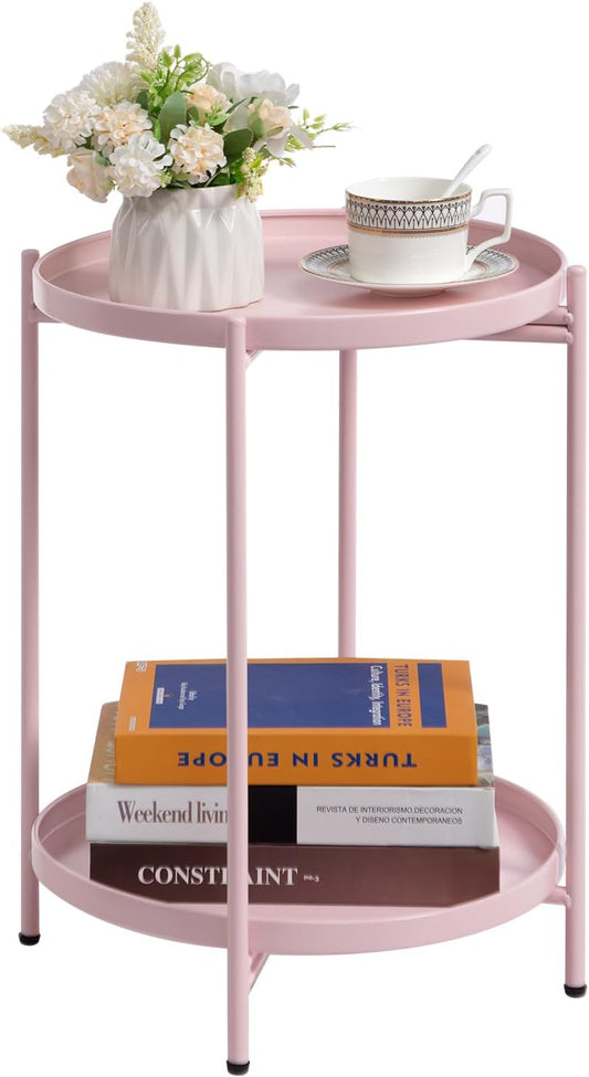 HollyHOME 2-Tier Round Side Table, Outdoor Small Folding Accent Stand with Removable Tray, Anti-Rust Metal Asional Table for Balcony Patio Living Room, Nightstand for Bedroom(Pink)