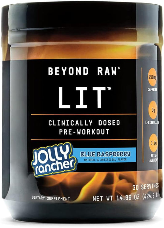 BEYOND RAW LIT | Clinically Dosed Pre-Workout Powder | Contains Caffeine, L-Citrulline, Beta-Alanine, and Nitric Oxide | Jolly Rancher Blue Raspberry | 30 Servings