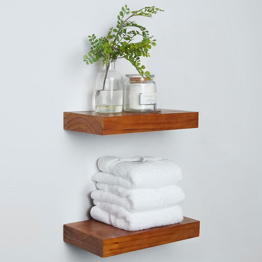 Homeforia 12 inch Oak Floating Shelf, High End Solid Real Wood 12inch Small Floating Shelves for Wall Mounted, Honey Oak Wooden 12in Floating Shelves, Heavy Duty Bracket, 12 X 6.5 X 1.75 in, Set of 3