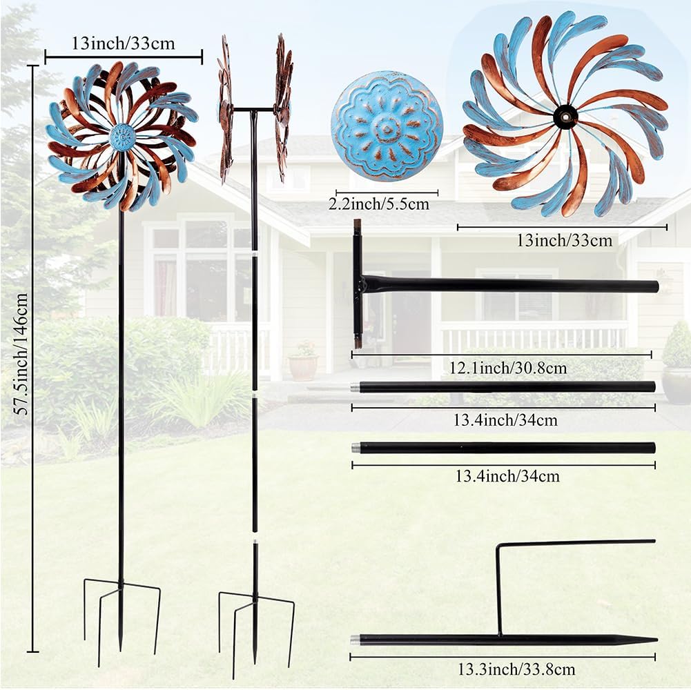 Viveta Wind Spinner for Yard and Garden, Metal Windmill Spinning Kinetic Wind Spinners for Outside Yard Patio Lawn Decor 13”D*57.5“H