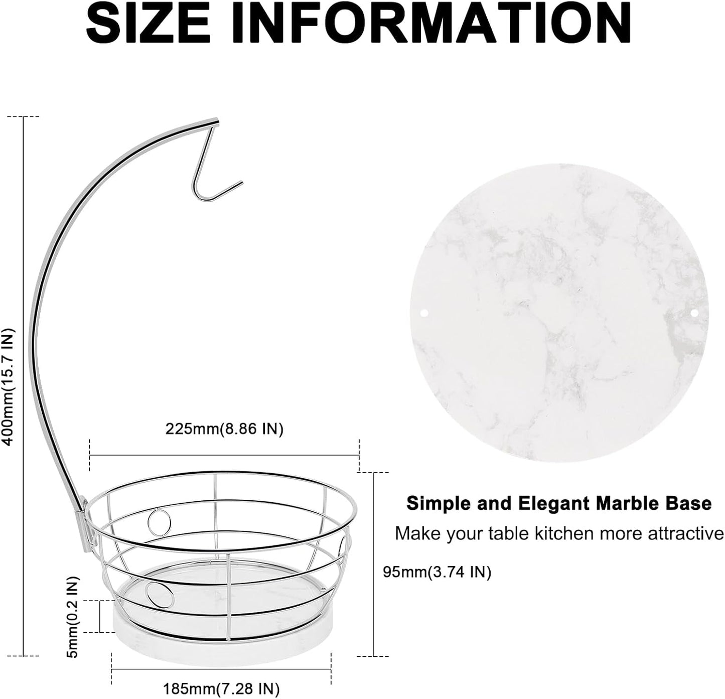 Livabber Countertop Fruit Basket Bowl with Banana Hanger, Modern Standing Fruit Vegetable Bowl Storage, with Banana Tree Holder for Kitchen Dinning Table (Round Marble, Chrome)