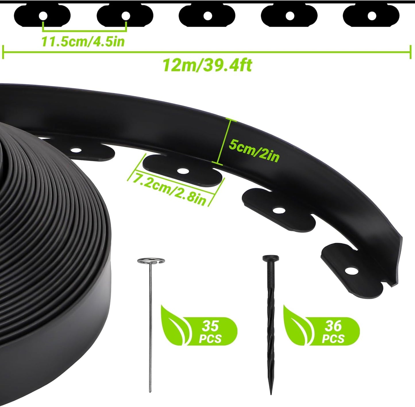 Greaner Landscape Edging, 2 Inch Tall | 40 FT Lawn Edging and Landscape Border, Plastic Edging for Landscaping, Garden Edging Border for Pathway, Yard, Walkway, Patio, Playground(71 Pcs Spikes)