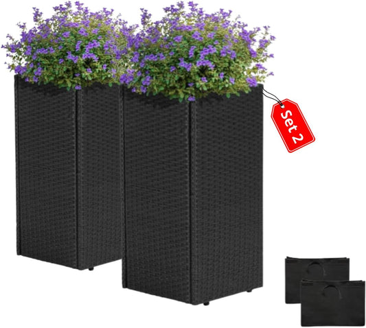 IDZO All-Weather Wicker Planters, Set of 2, 24 in Tall Wicker Planters, Self-Watering with Drainage, Durable PP Material, Raised Garden Bed Alternative, Indoor Outdoor Use, Modern Rattan Design