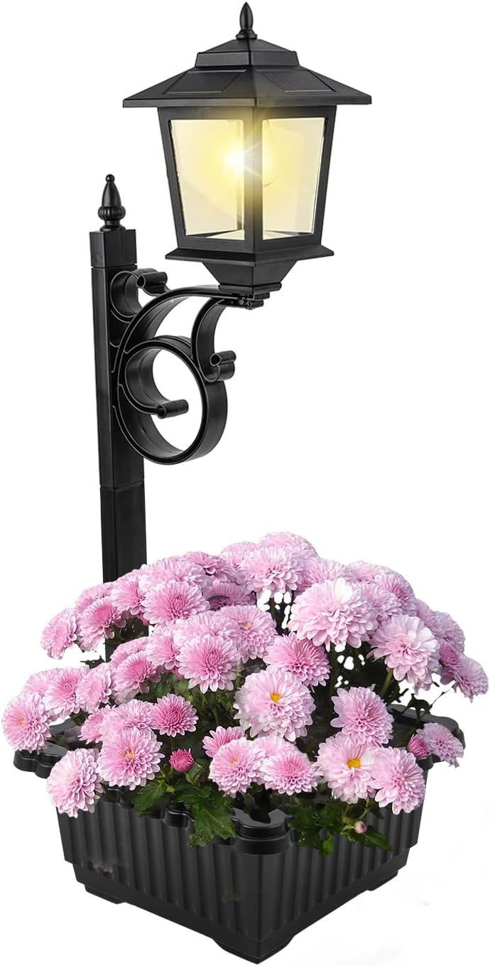 Solar Lamp Post Light with Planter, 2 in 1 Outdoor Flower Pots, Wall Mount or Freestanding Waterproof Solar Post for Lawn, Patio, Front/Back Door